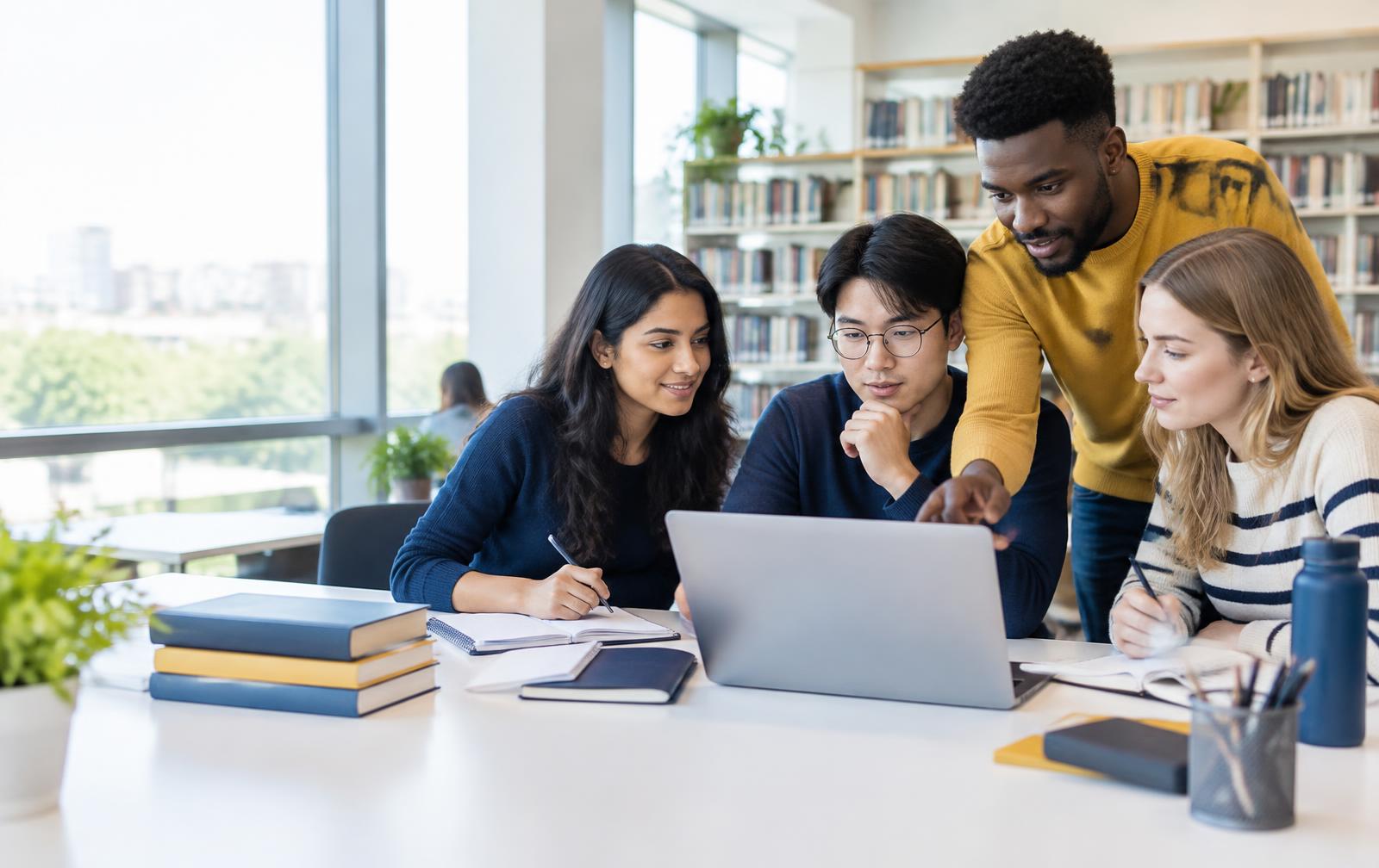 International university students collaborating around a laptop in a bright library